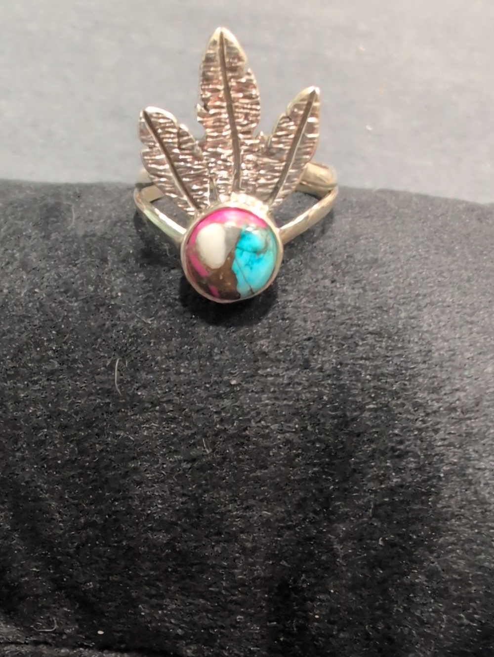 Sterling Silver Feather Ring with Turquoise & Pink Stone